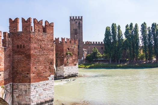 Verona, Italy. Scenery with Adige River and Ponte Scaligero and Castelvecchio, medieval landmarks