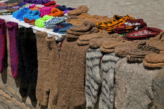 Street market with knitted socks and slippers, Khiva, Uzbekistan
