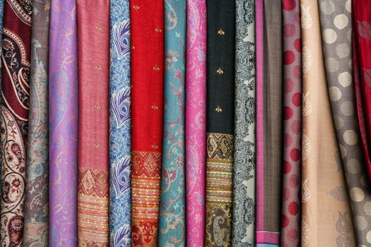 Colorful scarves on an oriental bazaar market in Khiva, Uzbekistan