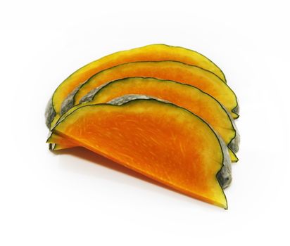 Four slices of honeydew pumpkin on a white background