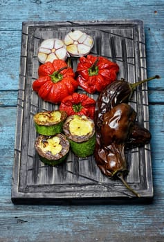 vegetarian dish of roasted pepper,eggplant and corn