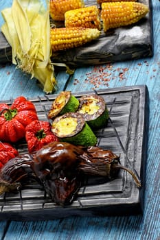 vegetarian dish of roasted pepper,eggplant and corn