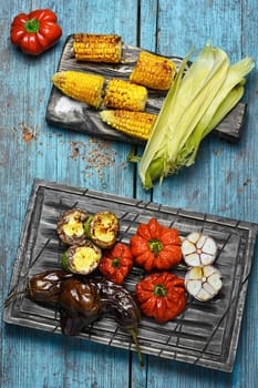 vegetarian dish of roasted pepper,eggplant and corn