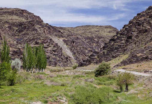 Nuratau, or Nurota, black mountains in Uzbekistan, in spring