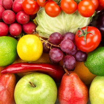 bright background of a variety of vegetables and fruits