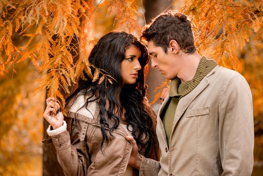 Loving young couple enjoying autumn day in the park.