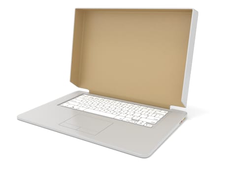 Blank cardboard box cover on laptop. Side view. 3D render illustration isolated on white background