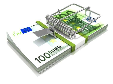 3D render mousetrap installed on euro banknote stack, isolated on a white background.