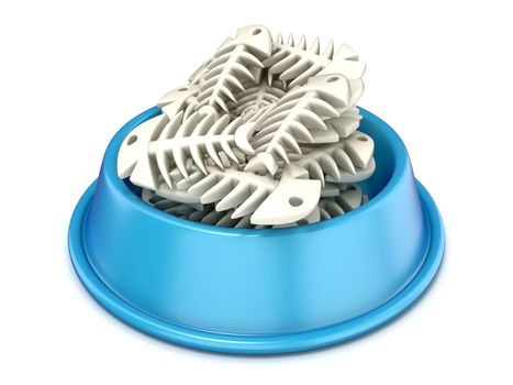 Blue cat bowl with fish bones, 3D render illustration isolated on white background