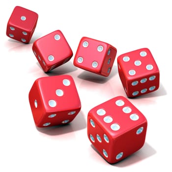 Six red game dices isolated on white background