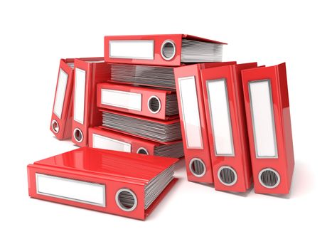 Batch of binders, red office folders. 3D render illustration isolated on white background