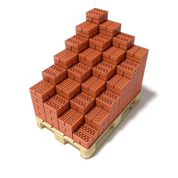 Euro pallet and cascade arranged ceramic bricks. 3D render illustration isolated on white background