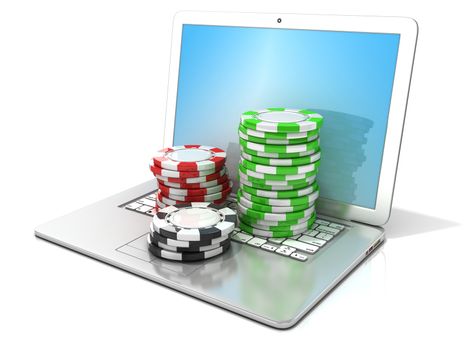 Laptop with red, green and black chips. 3D rendering - concept of online gambling. Isolated on white background