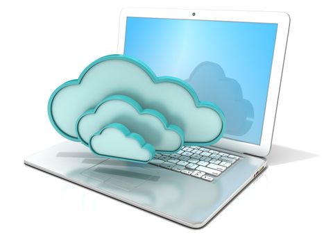 Laptop with clouds 3D computer icon. 3D rendering - concept of cloud computing. Isolated on white background