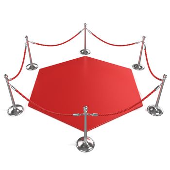 Red hexagon carpet surrounded with red rope and silver column, isolated on white background