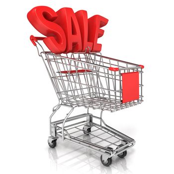 Red shopping cart with sale sign, isolated on white background
