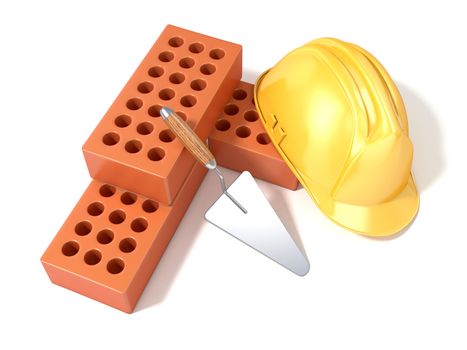 Safety helmet with round perforated bricks and trowel. 3D render illustration, Isolated white background. Top view
