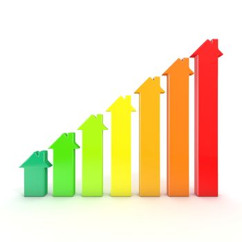 Energy efficiency graph bars represented as houses. 3D render illustration isolated on white background