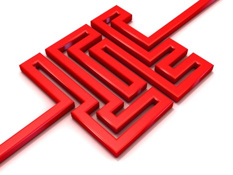 Red path labyrinth. 3D illustration isolated on white background. Concept of creative success, marketing, strategy and motivation.