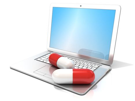 Laptop with two red pills. 3D rendering - the concept of health care, diagnosis and repair of computers. Isolated on white background