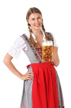 Beautiful Oktoberfest woman holding beer mug isolated on white background