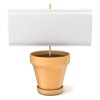 Clay plant pot with blank paper sign on wooden stick. 3D render illustration isolated on white background