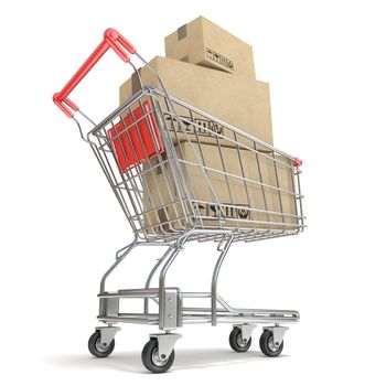 Shopping cart with boxes. 3D render illustration isolated on white background