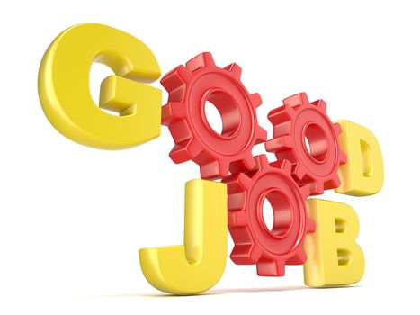 The words GOOD JOB in 3D letters and gear wheels. Render illustration isolated on white background