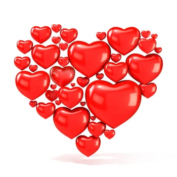 Sweet, red, beautiful hearts on white background, arranged in shape of big heart. 3D render illustration