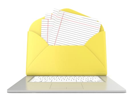 Open envelope and blank lined paper on laptop. Front view. 3D render illustration isolated on white background