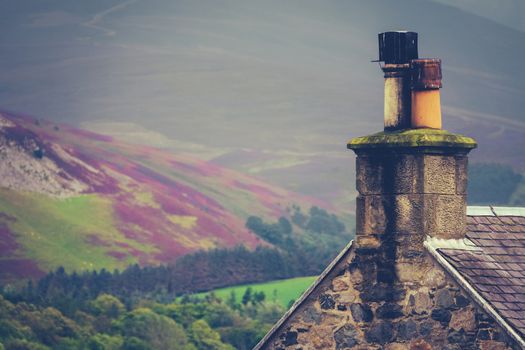 Rural House In The Scottish Borders Against The Purple Heather