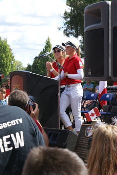 SMITHS FALLS, ON, CANADA, SEPTEMBER 09, 2016 - A 50 Editorial Image Series of local Pro Golf Sensations Brooke M. Henderson and her sister Brittany Henderson giving a speech in front of their Hometown of Smiths Falls shortly after the efforts in the Summer Rio Olympics.