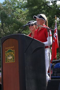 SMITHS FALLS, ON, CANADA, SEPTEMBER 09, 2016 - A 50 Editorial Image Series of Pro Golf Sensations Brooke M. Henderson and her sister Brittany Henderson giving a speech in front of their Hometown of Smiths Falls shortly after the efforts in the Summer Rio Olympics.