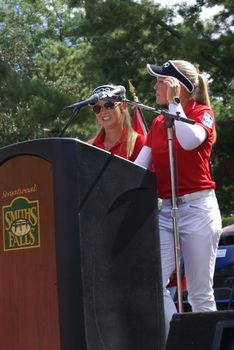 SMITHS FALLS, ON, CANADA, SEPTEMBER 09, 2016 - A 50 Editorial Image Series of Pro Golf Sensations Brooke M. Henderson and her sister Brittany Henderson giving a speech in front of their Hometown of Smiths Falls shortly after the efforts in the Summer Rio Olympics.