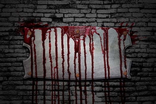 set 8. bloody signboard on brick wall  in the dark for horror content and halloween festival. 3d illustration.
