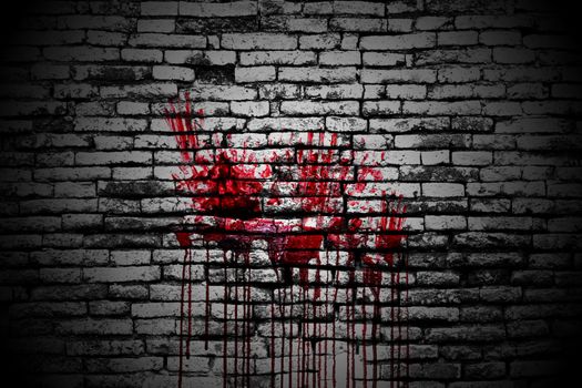 set 8. bloody handprint on brick wall  in the dark for horror content and halloween festival. 3d illustration.