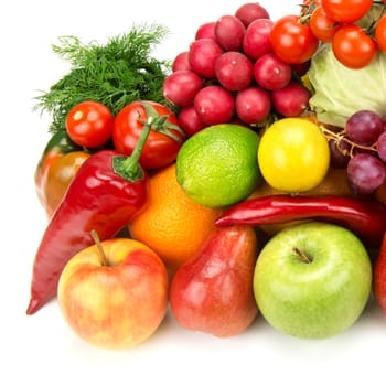 set of healthy vegetables and fruits isolated on white background