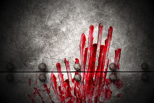 set 8. bloody handprint on metal wall  in the dark for horror content and halloween festival. 3d illustration.