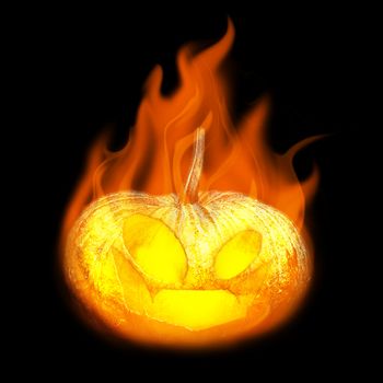 Halloween pumpkin with fire on black background