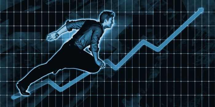 European Businessman Charging Ahead on Blue Background Art