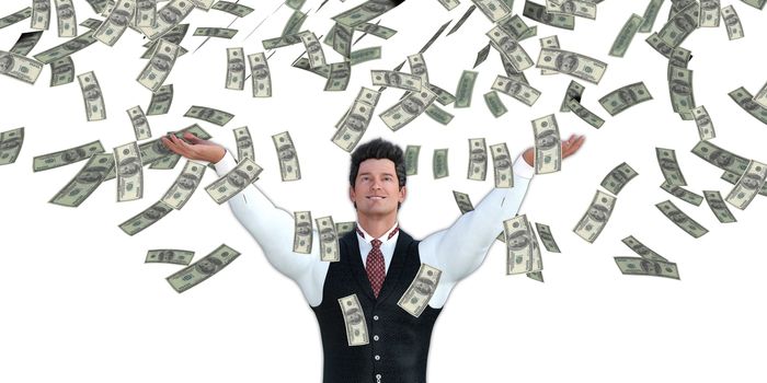 Corporate Business Man Catching Money Falling From the Sky in US Dollars