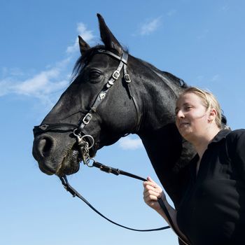 young girl riding a black stallion in a field