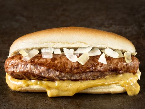 close up of rustic american hot dog with mustard and onion