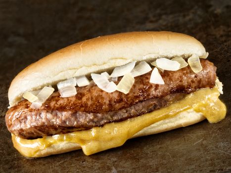 close up of rustic american hot dog with mustard and onion