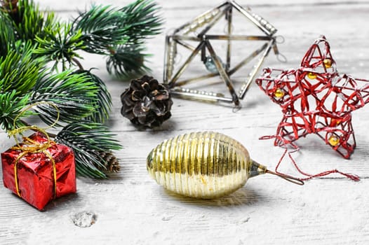 Fashionable retro Christmas decorations of the Soviet era on white background