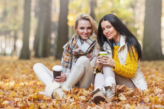 Two cheerful female friends drinking coffee in autumn park