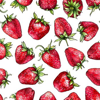 Seamless pattern of watercolor strawberries. Hand drawn illustration.