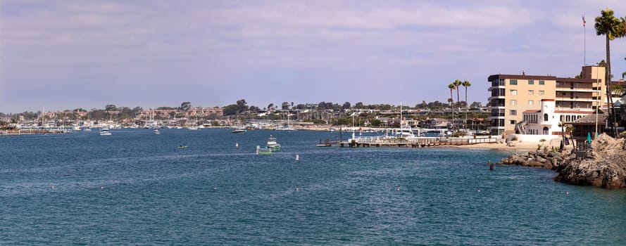 Corona del Mar harbor panoramic view from the rocks in summer