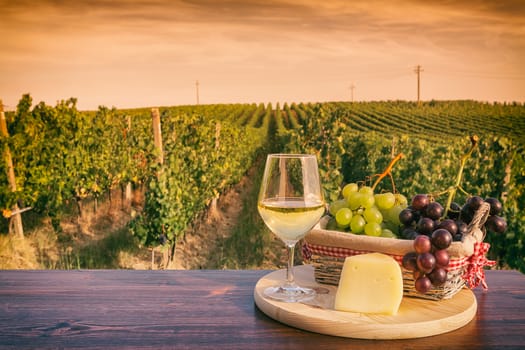 Glass of white wine with grapes in a basket and cheese in front of a vineyard at sunset