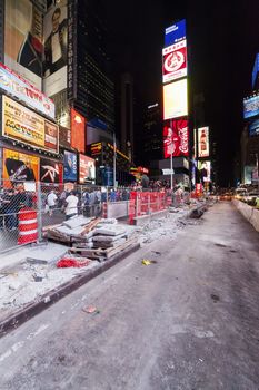 NEW YORK CITY, USA - OCT 4 : Times Square reconstruction of the road and Sidewalks. Taken on Manhattan October 4. 2014, New York City.